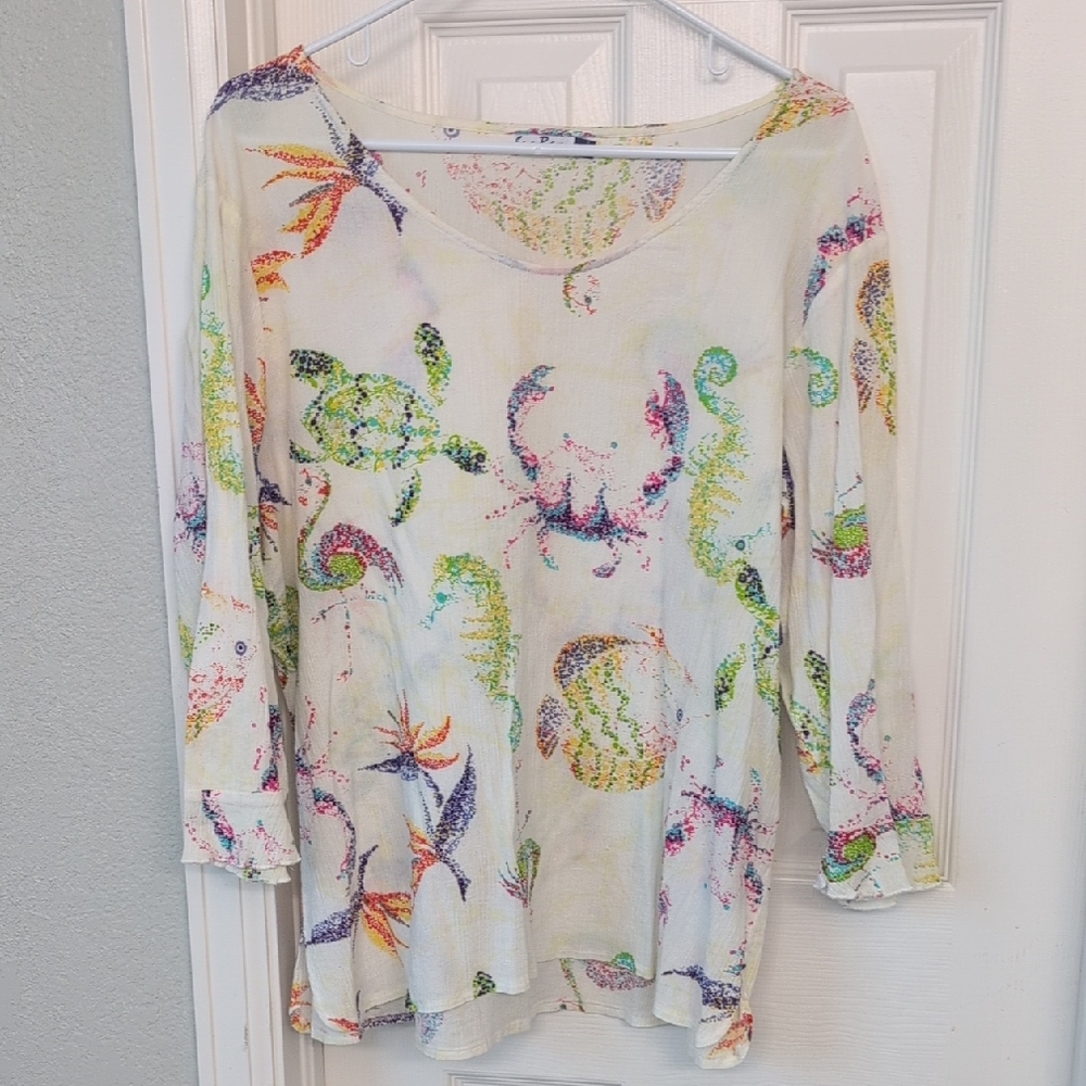 Vibrant Sea Life Print Long Sleeve Women's Cotton Top